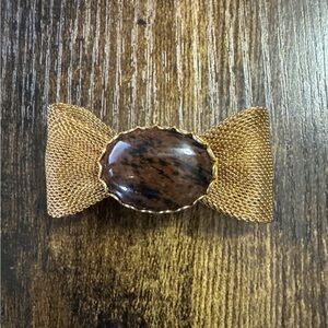 Vintage Gold Tone Bow with Faux Gemstone Center Black Brown Brooch